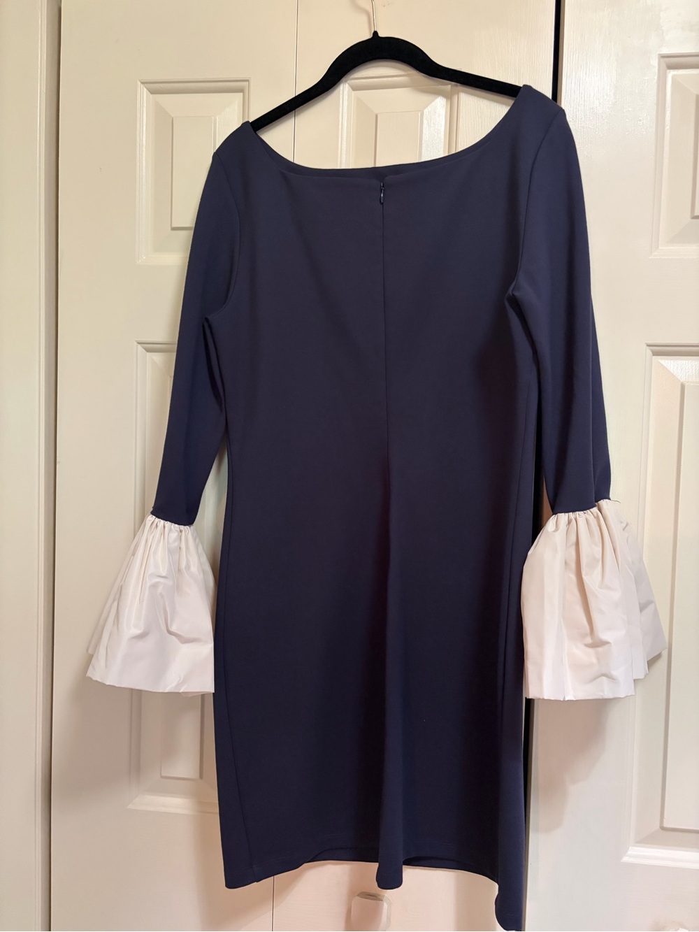 STAUD Blue Shift Dress with Cream Bell Sleeves - Picture 3 of 5